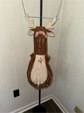 Infant Plush Brown Deer Costume with Pink Flower Crown and Details